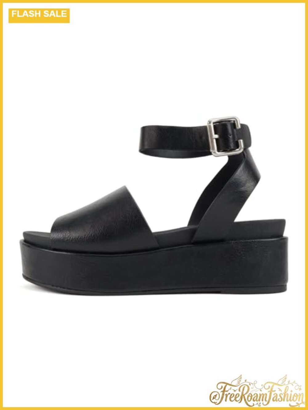 Platform Sandal Single Band Adjustable Ankle Strap Vegan Leather Round Toe